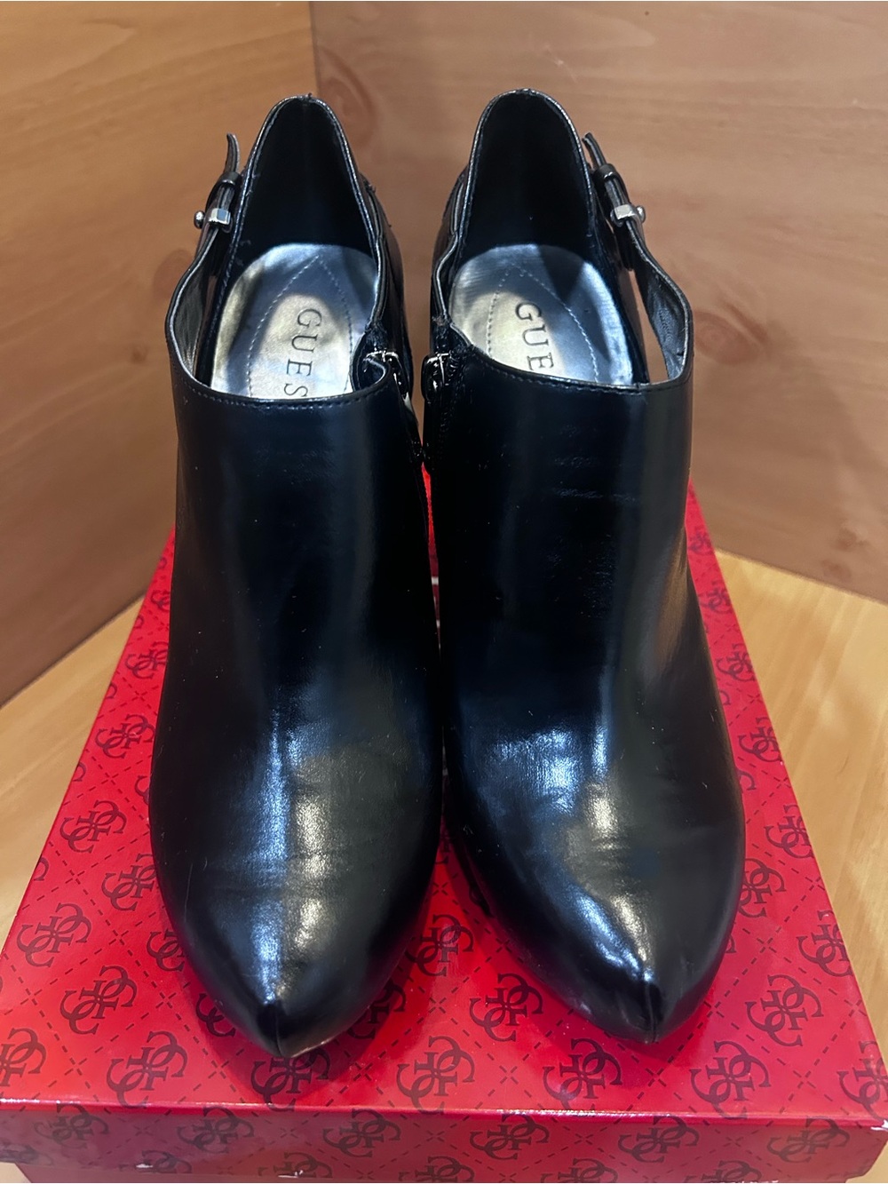 GUESS Black Ankle Bootie Heels Size 9M – With Original Box